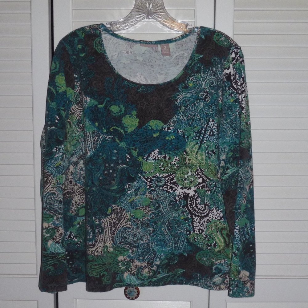 Chicos brown/teal paisley long slv tee size L